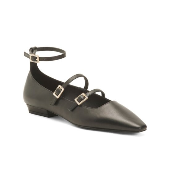 BCBGMAXAZRIA Black Leather Taji Triple Buckle Flats